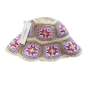 NWT BCBGeneration Colorful Granny Square Straw BOHO Bucket Hat Cap OSFA